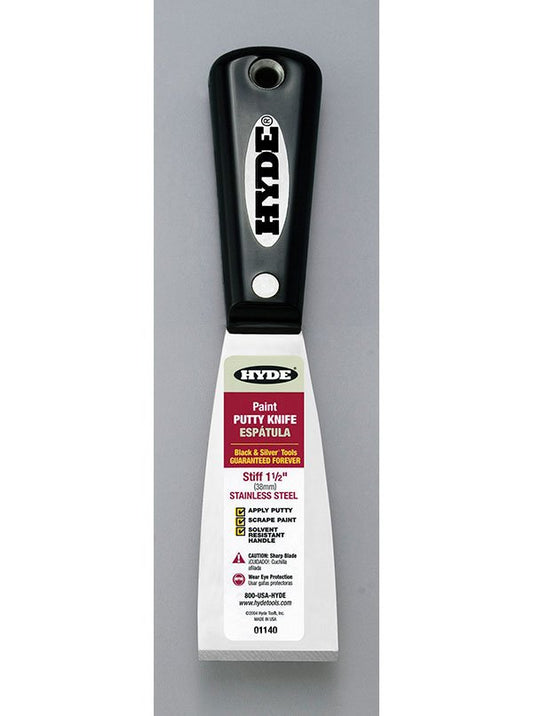 Hyde Tools 01140 Black & Silver® 1 - 1/2” Stiff SS Putty Knife/Scraper (Stainless Steel) | the Hyde Store
