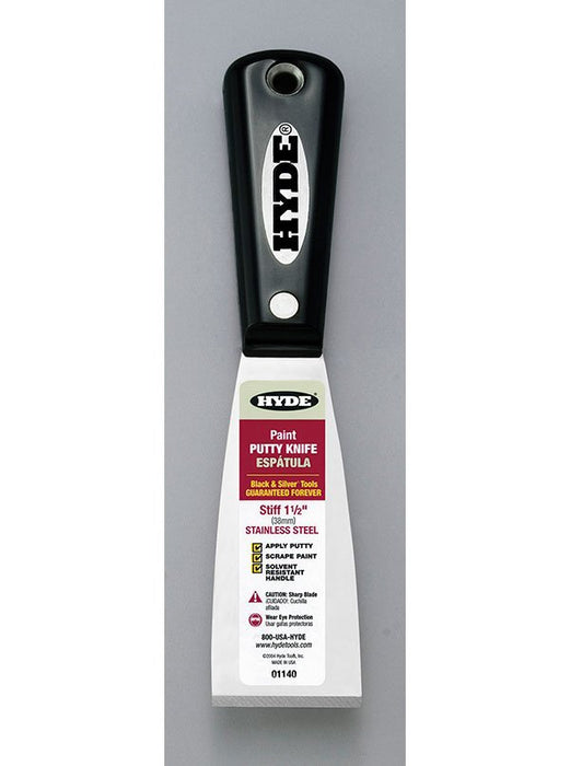 Hyde Tools 01140 Black & Silver® 1-1/2” Stiff SS Putty Knife/Scraper (Stainless Steel) - the Hyde Store