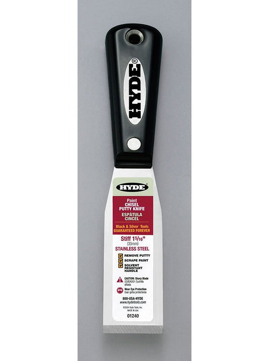 Hyde Tools 01240 Black & Silver® 1 - 5/16” Stiff SS Chisel Putty Knife/Scraper | the Hyde Store