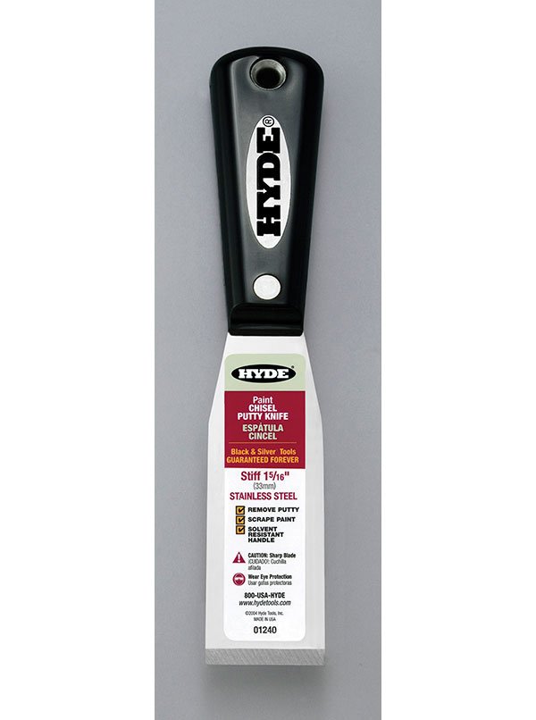 Hyde Tools 01240 Black & Silver® 1 - 5/16” Stiff SS Chisel Putty Knife/Scraper | the Hyde Store