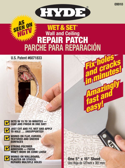 Hyde Tools 09910 Wet & Set® Wall & Ceiling Repair Patch, 5” x 15” Flat Sheet