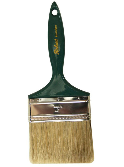 Richard 80354 4" straight paint brush, GENERAL PURPOSE series. White bristle, green plastic handle.