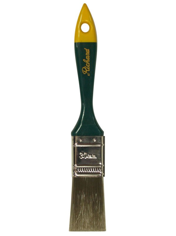 Richard 80401 1 1/4'' straight paint brush, PREMIER BEAVER TAIL series. Polyester, green handle with yellow tip. | the Hyde Store