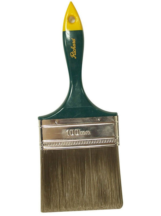 Richard 80404 4" straight paint brush, PREMIER BEAVER TAIL series. Polyester, green handle with yellow tip. - the Hyde Store